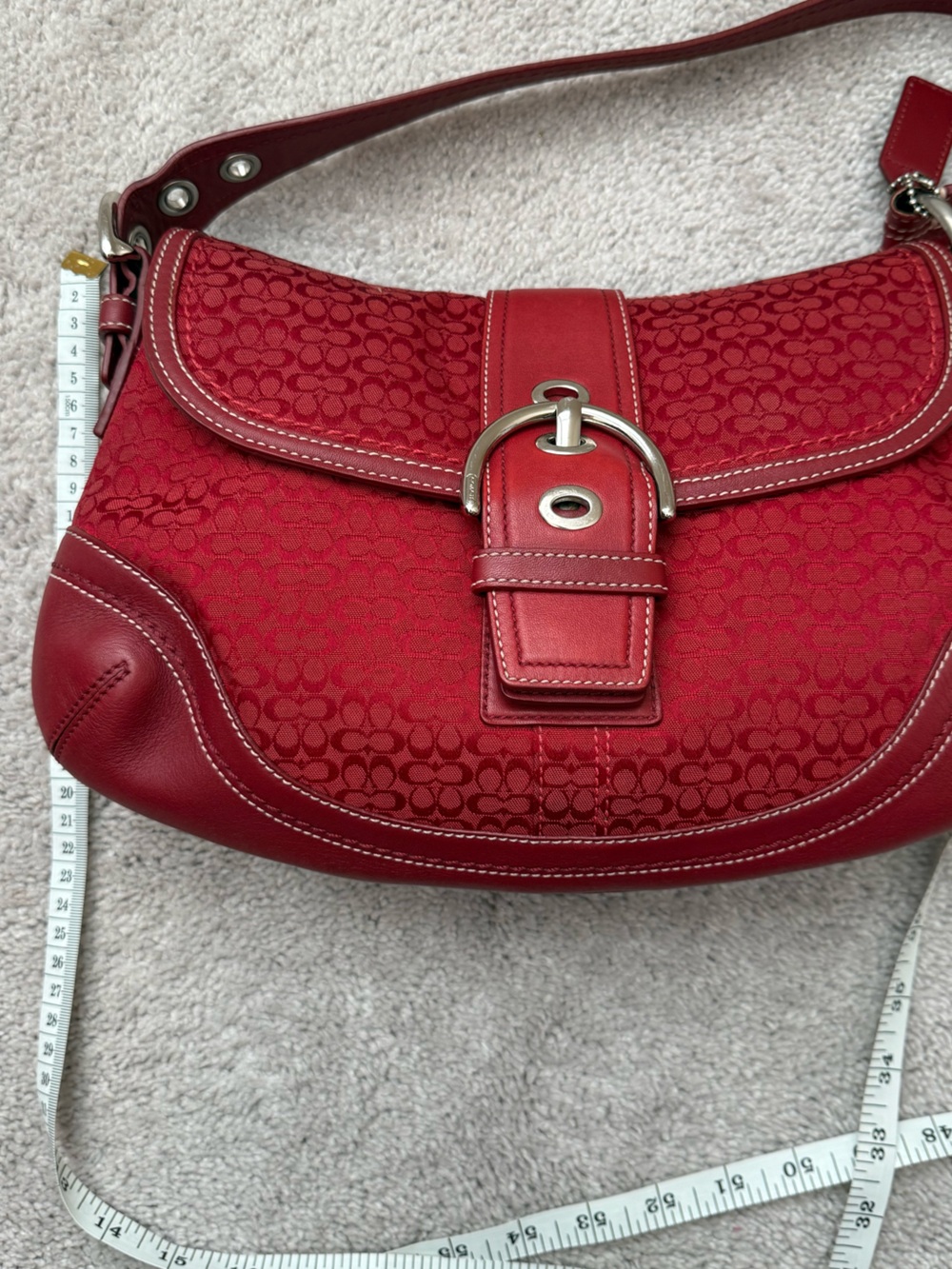 Coach Rare Soho Signature Buckle Flap Shoulder Bag Red Jacquard Leather Trim Y2K - Picture 9 of 12